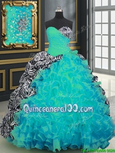 Popular Printed Multi-color Sweetheart Lace Up Beading and Ruffles and Pattern Quince Ball Gowns Brush Train Sleeveless