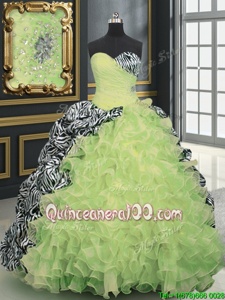 Lovely Printed Sleeveless With Train Beading and Ruffles and Pattern Lace Up Sweet 16 Quinceanera Dress with Multi-color Brush Train