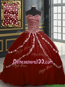 Burgundy Sleeveless With Train Beading and Appliques Lace Up Sweet 16 Dress
