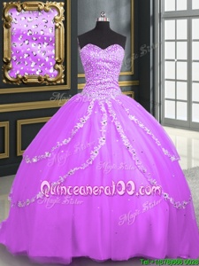 Sleeveless Tulle With Brush Train Lace Up Quinceanera Dress inLilac forSpring and Summer and Fall and Winter withBeading and Appliques