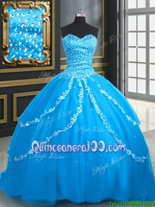 Smart Aqua Blue Lace Up Sweetheart Beading and Appliques 15 Quinceanera Dress Tulle Sleeveless Brush Train