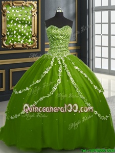 Fashion Olive Green Ball Gowns Sweetheart Sleeveless Tulle With Brush Train Lace Up Beading and Appliques Ball Gown Prom Dress