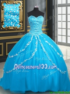 Fitting Baby Blue Ball Gowns Sweetheart Sleeveless Tulle With Brush Train Lace Up Beading and Appliques Quinceanera Gown