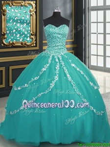 Simple Sweetheart Sleeveless Tulle 15th Birthday Dress Beading and Appliques Brush Train Lace Up