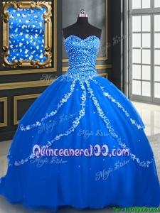 Noble Blue Quinceanera Dresses Military Ball and Sweet 16 and Quinceanera and For withBeading and Appliques Sweetheart Sleeveless Brush Train Lace Up