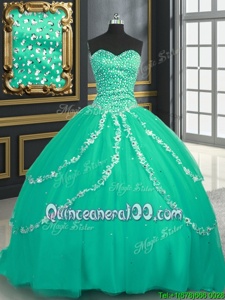 Designer Turquoise Ball Gowns Sweetheart Sleeveless Tulle With Brush Train Lace Up Beading and Appliques Vestidos de Quinceanera