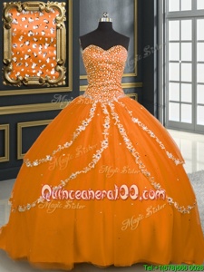 Elegant Brush Train Ball Gowns Quinceanera Gowns Orange Sweetheart Tulle Sleeveless With Train Lace Up