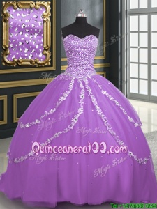 Sexy Lavender Ball Gowns Beading and Appliques Quinceanera Gown Lace Up Tulle Sleeveless With Train
