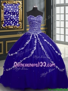 Ideal Spring and Summer and Fall and Winter Tulle Sleeveless With Train 15 Quinceanera Dress Brush Train andBeading and Appliques