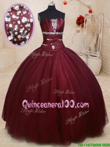 Flirting Burgundy Ball Gowns Beading 15 Quinceanera Dress Lace Up Tulle Sleeveless Floor Length
