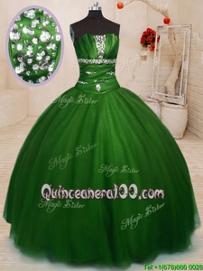 Fitting Green Lace Up Strapless Beading 15th Birthday Dress Tulle Sleeveless