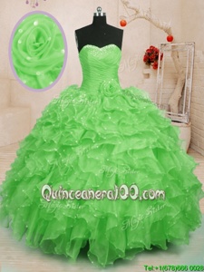 Charming Sweetheart Sleeveless Quinceanera Gowns Floor Length Beading and Ruffles and Hand Made Flower Spring Green Organza