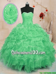 Sleeveless Organza Floor Length Lace Up Quince Ball Gowns inGreen forSpring and Summer and Fall and Winter withBeading and Ruffles and Hand Made Flower