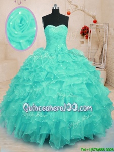 Noble Turquoise Sleeveless Floor Length Beading and Ruffles and Hand Made Flower Lace Up Vestidos de Quinceanera
