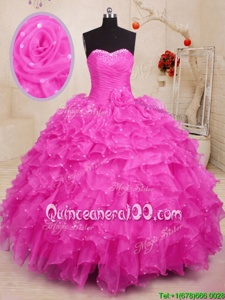 Fashion Floor Length Hot Pink Quinceanera Gowns Organza Sleeveless Spring and Summer and Fall and Winter Beading and Ruffles and Hand Made Flower
