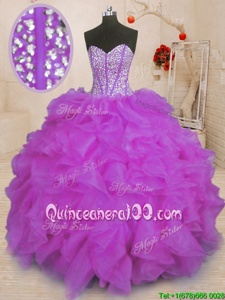 Artistic Purple Organza Lace Up Sweetheart Sleeveless Floor Length 15th Birthday Dress Beading and Ruffles
