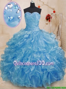 Suitable Sweetheart Sleeveless Quinceanera Gowns Floor Length Beading and Ruffles Blue Organza