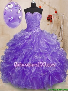 Popular Lavender Ball Gowns Sweetheart Sleeveless Organza Floor Length Lace Up Beading and Ruffles Sweet 16 Dresses