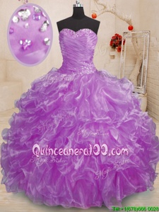 Graceful Purple Organza Lace Up Sweetheart Sleeveless Floor Length Sweet 16 Dresses Beading and Ruffles
