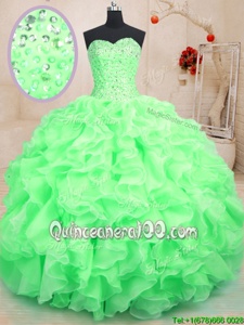 High End Green Ball Gowns Sweetheart Sleeveless Organza Floor Length Lace Up Beading and Ruffles Quince Ball Gowns