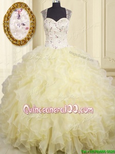 Nice Light Yellow Sleeveless Floor Length Beading and Ruffles Lace Up 15 Quinceanera Dress