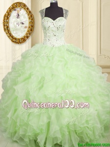 Deluxe Sleeveless Floor Length Beading and Ruffles Lace Up 15 Quinceanera Dress with Yellow Green