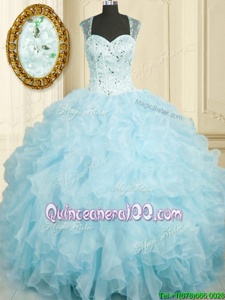 Dramatic Organza Straps Sleeveless Lace Up Beading and Ruffles Quince Ball Gowns inBaby Blue