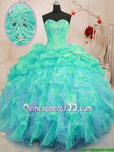 Glamorous Floor Length Turquoise Quinceanera Dress Organza Sleeveless Spring and Summer and Fall and Winter Beading and Ruffles