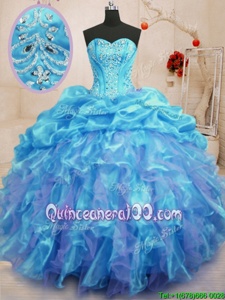 Classical Aqua Blue Sleeveless Floor Length Beading and Ruffles Lace Up Quinceanera Gown