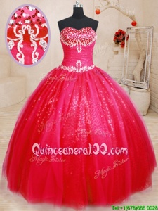 Discount Red Lace Up Sweetheart Beading Vestidos de Quinceanera Tulle and Sequined Sleeveless