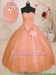 Dynamic Orange Sweetheart Neckline Beading and Bowknot Quinceanera Gowns Sleeveless Lace Up