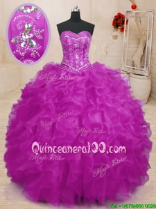 Clearance Fuchsia Ball Gown Prom Dress Military Ball and Sweet 16 and Quinceanera and For withBeading and Ruffles Sweetheart Sleeveless Lace Up