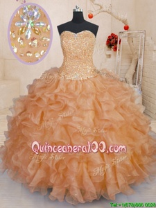 Orange Ball Gowns Beading and Ruffles Quince Ball Gowns Lace Up Organza Sleeveless Floor Length