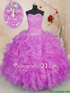 Flare Purple Ball Gowns Beading and Ruffles Sweet 16 Dress Lace Up Organza Sleeveless Floor Length