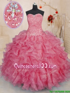 Latest Pink Sleeveless Floor Length Beading and Ruffles Lace Up Vestidos de Quinceanera