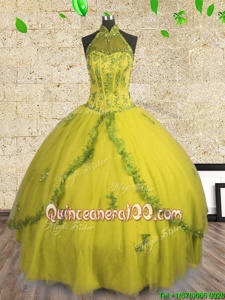 Halter Top Yellow Ball Gowns Beading Ball Gown Prom Dress Lace Up Tulle Sleeveless Floor Length
