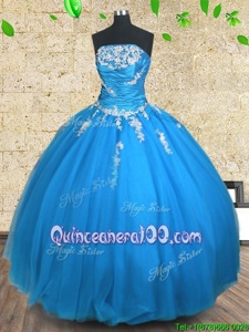 Inexpensive Blue Sleeveless Tulle Lace Up Quinceanera Dress forMilitary Ball and Sweet 16 and Quinceanera