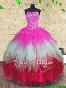 Fancy Multi-color Lace Up Ball Gown Prom Dress Beading and Ruffles and Ruffled Layers Sleeveless Floor Length