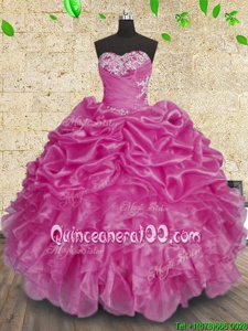 Glamorous Fuchsia Sweetheart Neckline Beading and Appliques and Ruffles and Ruching Sweet 16 Dress Sleeveless Lace Up