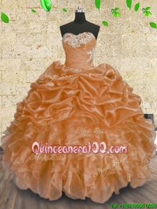 Customized Orange Organza Lace Up Quinceanera Gowns Sleeveless Floor Length Beading and Appliques and Ruffles and Sequins
