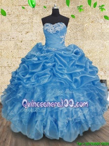 Pretty Sweetheart Sleeveless Quinceanera Dress Floor Length Beading and Appliques and Ruffles and Ruching Baby Blue Organza