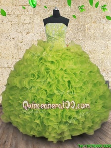 Designer Yellow Green Lace Up Strapless Beading and Ruffles Quinceanera Dress Organza Sleeveless