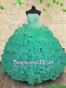 Excellent Turquoise Ball Gowns Organza Strapless Sleeveless Beading and Ruffles Floor Length Lace Up Quinceanera Gown
