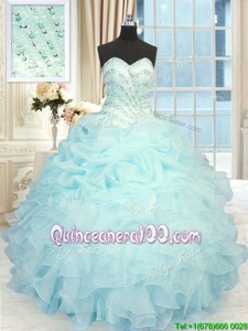Inexpensive Pick Ups Aqua Blue Sleeveless Organza Lace Up Ball Gown Prom Dress forMilitary Ball and Sweet 16 and Quinceanera