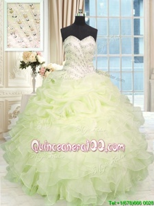 Lovely Sleeveless Floor Length Beading and Ruffles Lace Up Quinceanera Dresses with Light Yellow