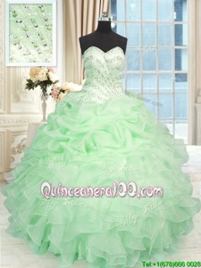 Floor Length Lace Up Quince Ball Gowns Apple Green and In forMilitary Ball and Sweet 16 and Quinceanera withBeading and Ruffles
