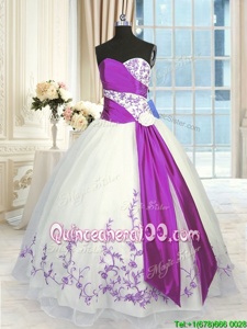 High Quality White And Purple Sleeveless Embroidery and Sashes|ribbons Floor Length Quinceanera Dresses