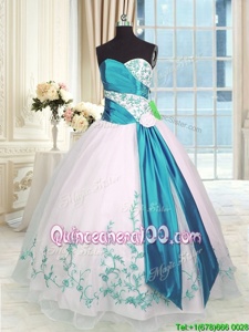 Free and Easy Sleeveless Floor Length Embroidery and Sashes|ribbons Lace Up 15 Quinceanera Dress with Blue And White