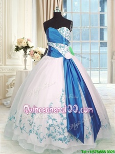 Custom Made Blue And White Organza Lace Up Sweet 16 Quinceanera Dress Sleeveless Floor Length Embroidery and Sashes|ribbons