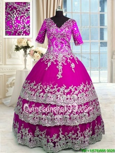 Fancy Fuchsia 15 Quinceanera Dress Military Ball and Sweet 16 and Quinceanera and For withBeading and Appliques and Ruffled Layers V-neck Half Sleeves Zipper